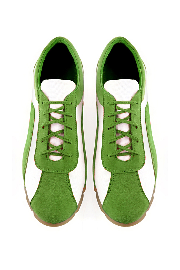 Grass green and off white women's elegant sneakers. Round toe. Flat rubber soles. Top view - Florence KOOIJMAN